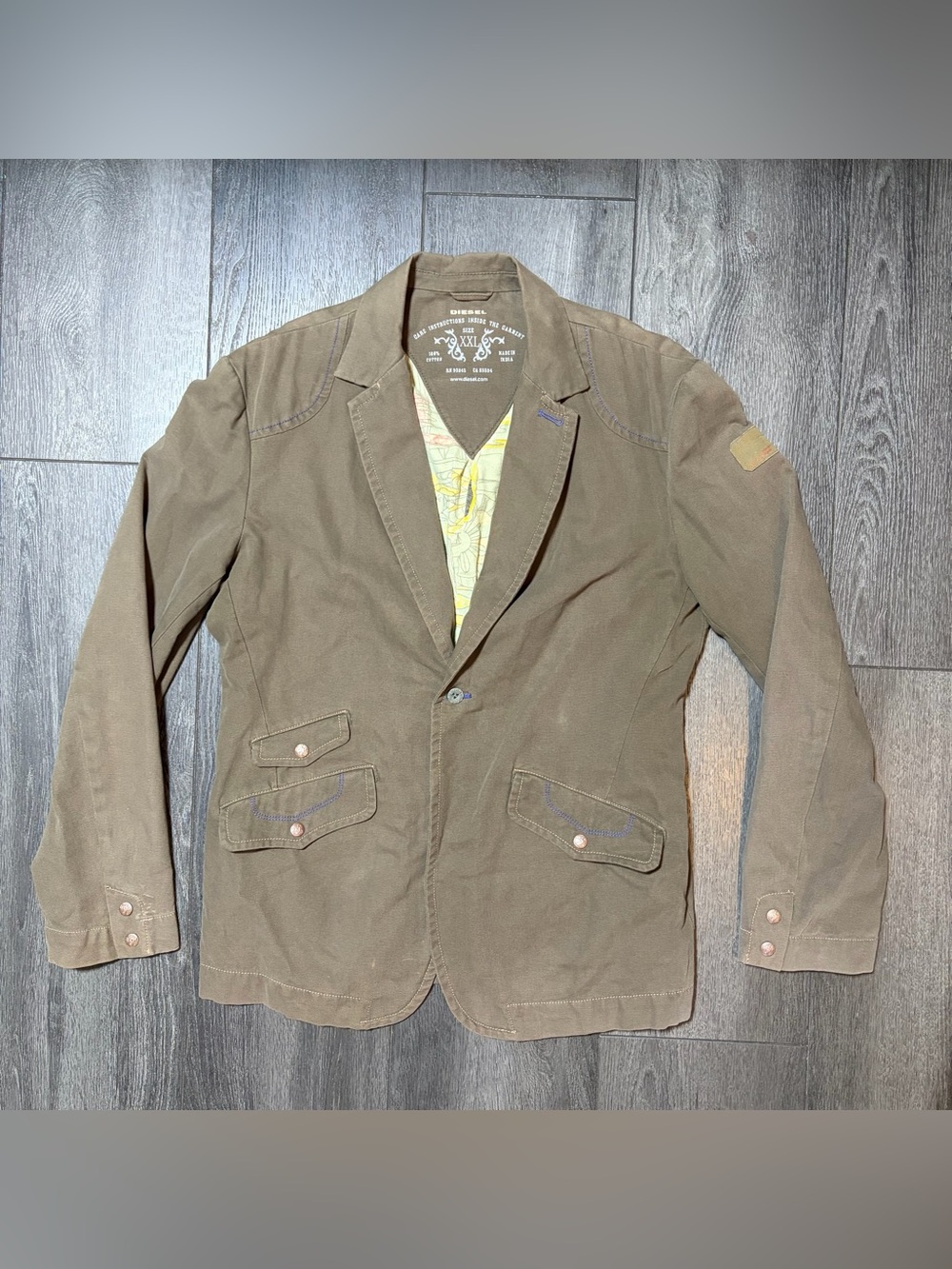 VTG Y2K Diesel Blazer Jacket Steer Skull Cotton Lining Canvas Military Olive XXL